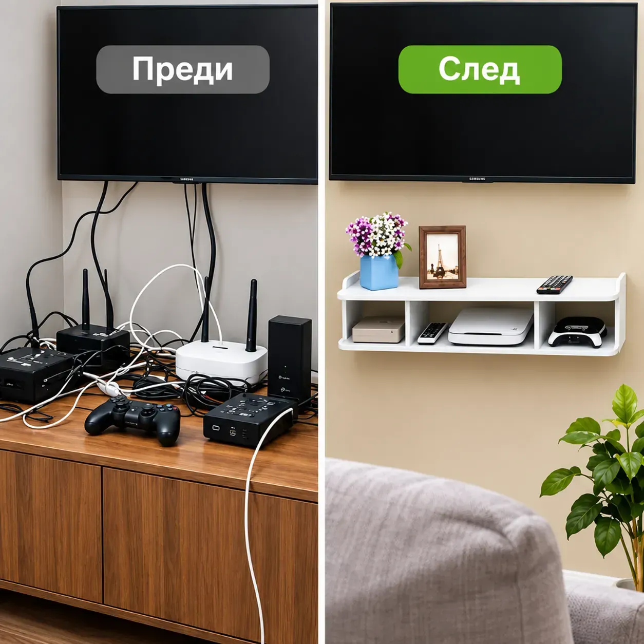 Стенна полка за техника под телевизор, 60 × 20 × 14 см, за рутер и ТВ приставка, за конзола и аксесоари фото 2