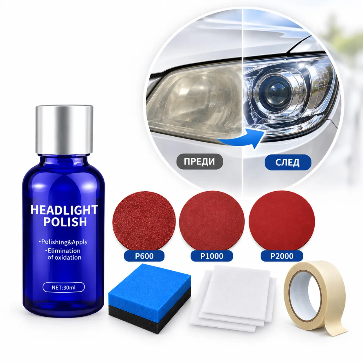 Комплект за полиране на фарове с абразивни кръгове и течност, HEADLIGHT POLISH, 30 мл, срещу пожълтяване, помътняване и окисляване фото 1