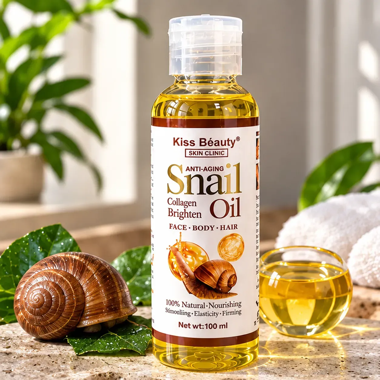 Подхранващо козметично масло с охлювен компонент, Kiss Beauty Anti-Aging Snail Oil, за лице, тяло и коса, 100 мл фото 6