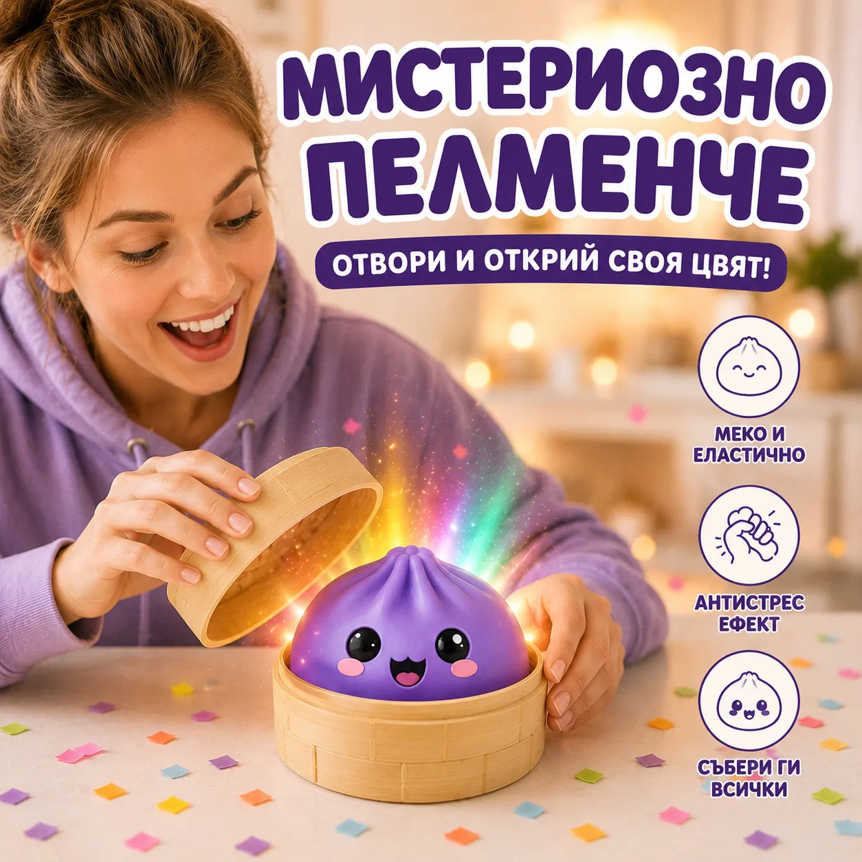 Дъмплинг играчка за стискане, mystery кутия, случаен цвят, мек антистрес формат, сладък дизайн