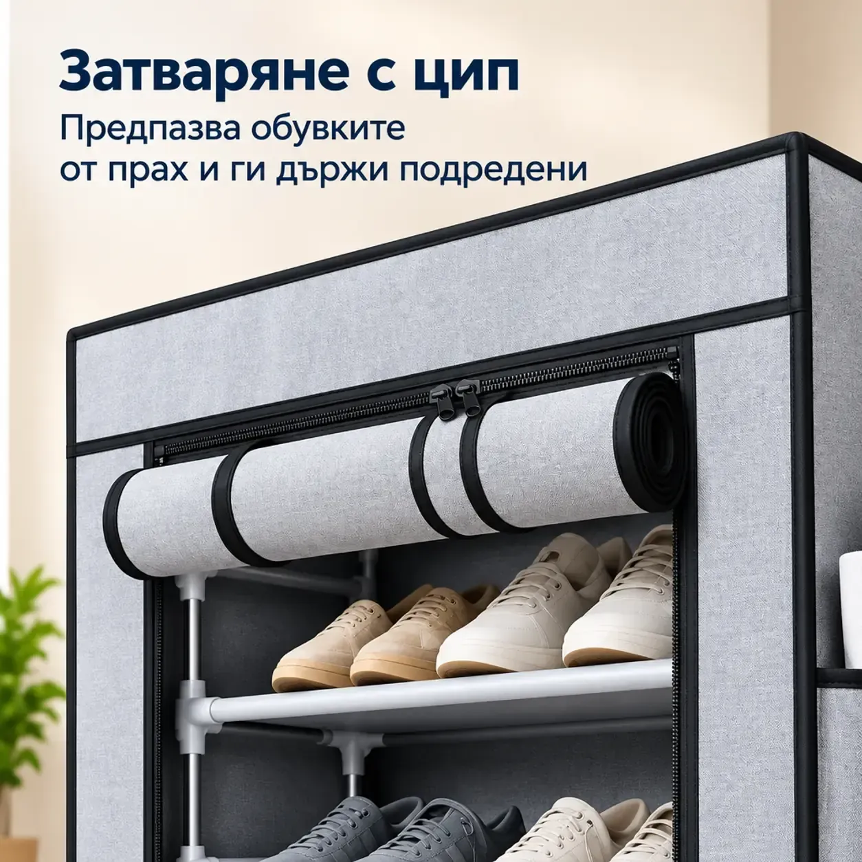 Сгъваем шкаф-органайзер за обувки, 10 рафта, текстилно покритие с цип и странични джобове фото 2