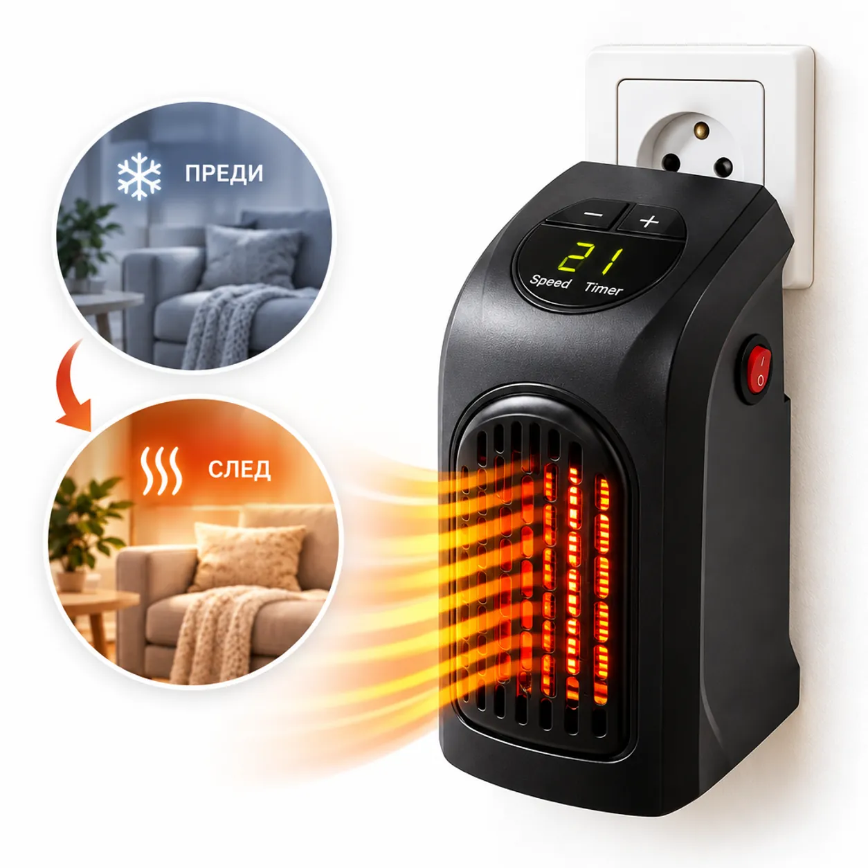 Керамична печка за контакт Handy Heater, 400 W, термостат 15–32 °C, LED дисплей и 12-часов таймер, за малки помещения фото 1