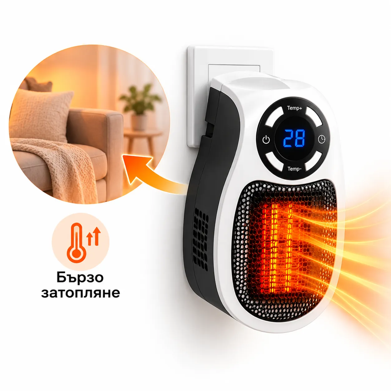Отоплител за стенен контакт, 500 W PTC нагревател, термостат 15–32 °C, таймер 1–12 часа фото 1