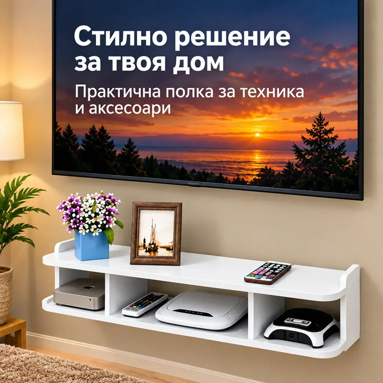 Стенна полка за техника под телевизор, 60 × 20 × 14 см, за рутер и ТВ приставка, за конзола и аксесоари фото 4