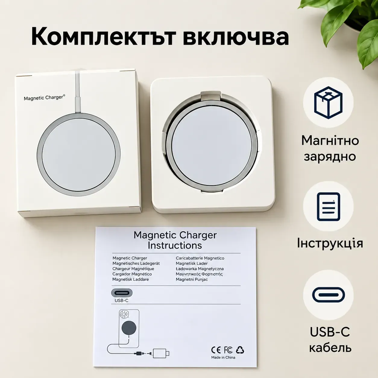 Магнитно зарядно устройство за съвместими устройства, кръгла магнитна площадка, USB-C кабел, мощност 5 W фото 6