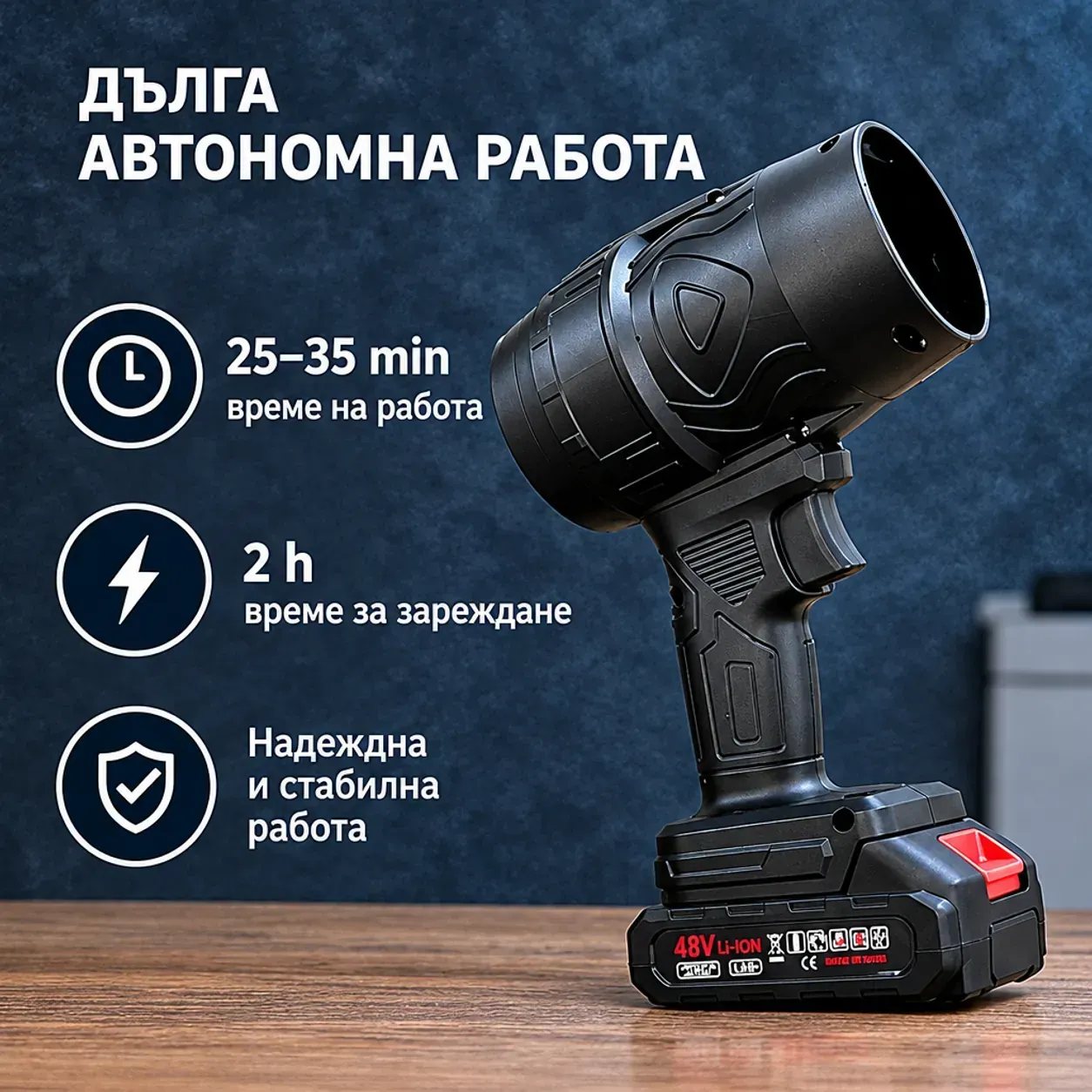 Акумулаторна въздуходувка за почистване, VIOLENT FAN, 35000 Pa, 48 V, за прах, листа и тесни места фото 3
