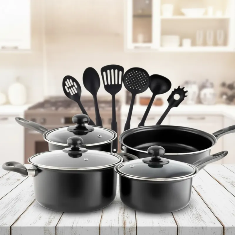 Комплект съдове за готвене 13 части, Cookware Set, с незалепващо покритие, тенджери с капаци, тиган и кухненски прибори фото 5