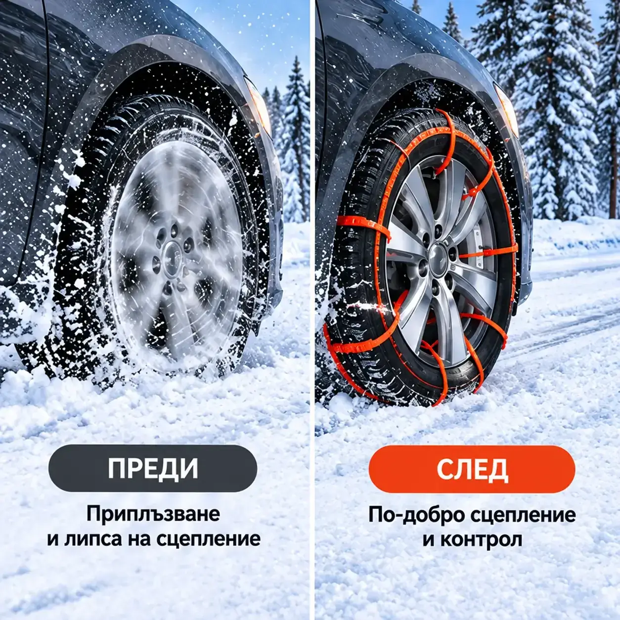 Универсални полимерни вериги за сняг и лед, за гуми 175–295 мм, регулируемо закрепване, аварийно сцепление фото 3