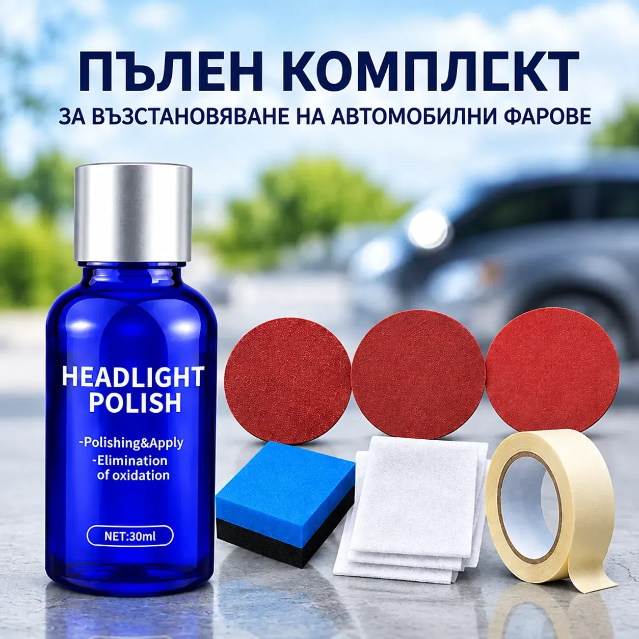 Комплект за полиране на фарове с абразивни кръгове и течност, HEADLIGHT POLISH, 30 мл, срещу пожълтяване, помътняване и окисляване фото 4