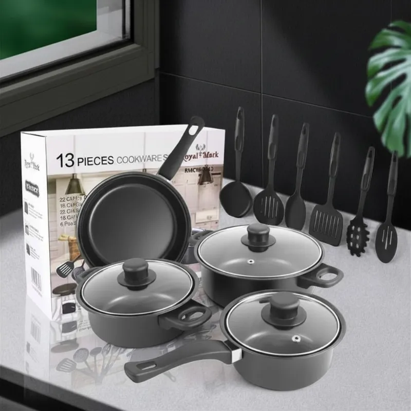 Комплект съдове за готвене 13 части, Cookware Set, с незалепващо покритие, тенджери с капаци, тиган и кухненски прибори фото 2