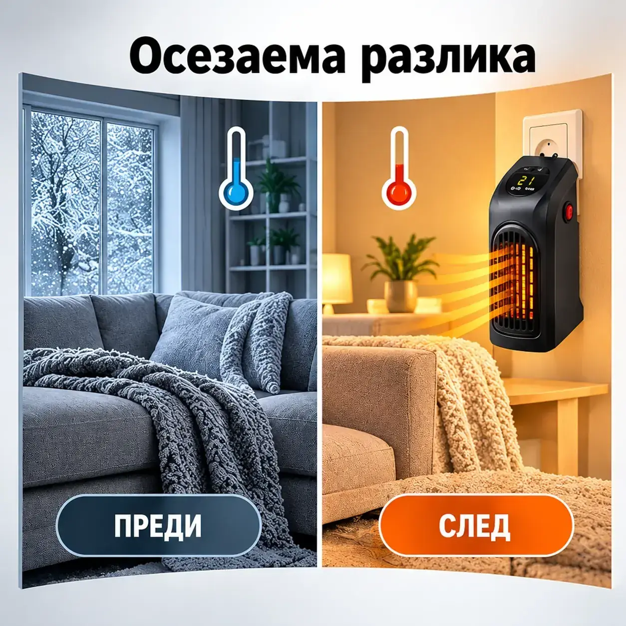 Керамична печка за контакт Handy Heater, 400 W, термостат 15–32 °C, LED дисплей и 12-часов таймер, за малки помещения фото 3